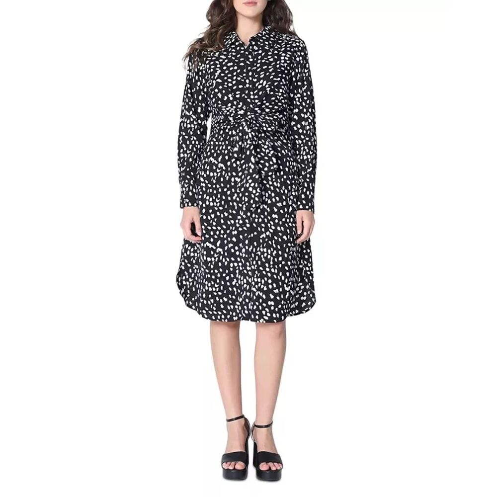 Gracia Twist Front Shirt Dress Black White Long Sleeve Women’s Size Small New